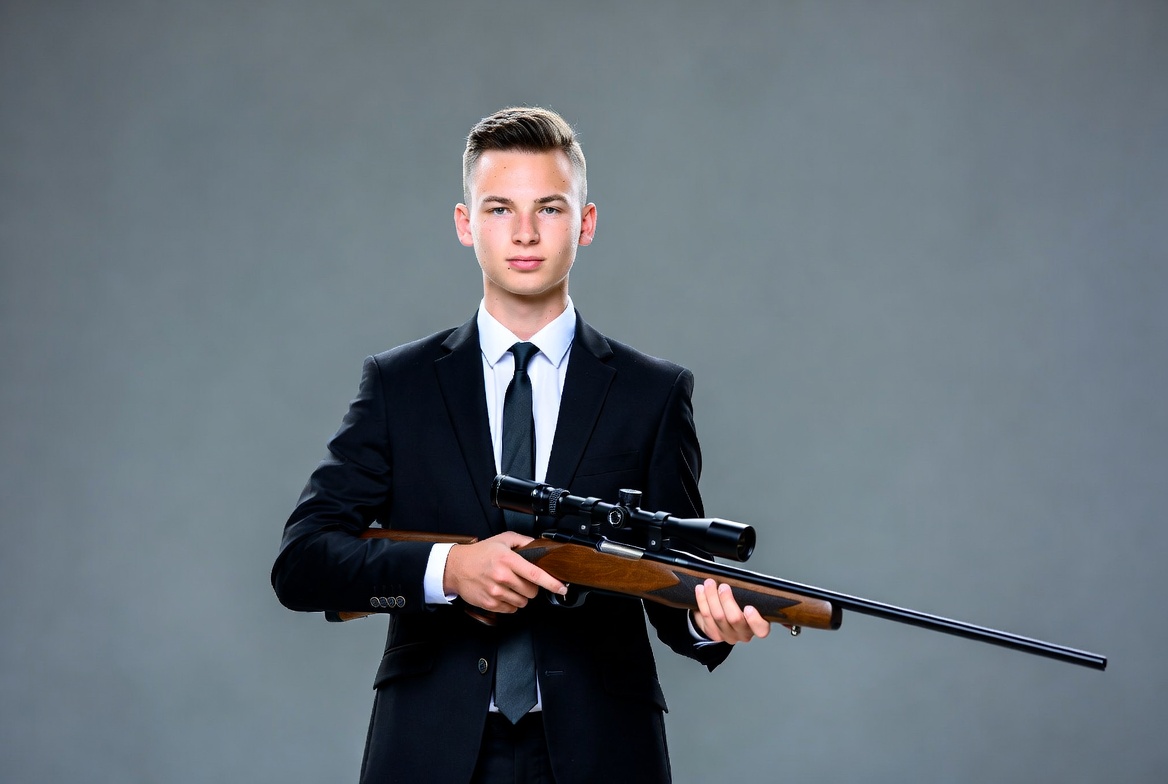 Young man in suit holding rifle Young man in suit holding rifle