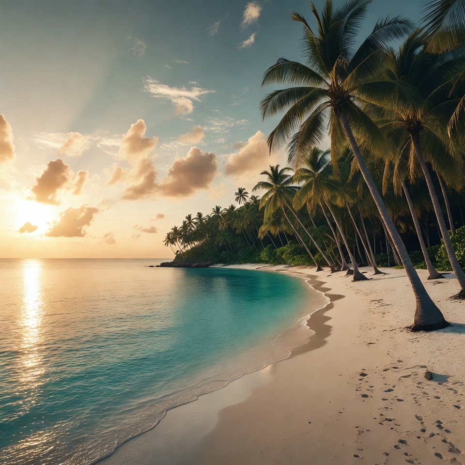 Tropical Beach at Sunset with Palm Trees Tropical Beach at Sunset with Palm Trees