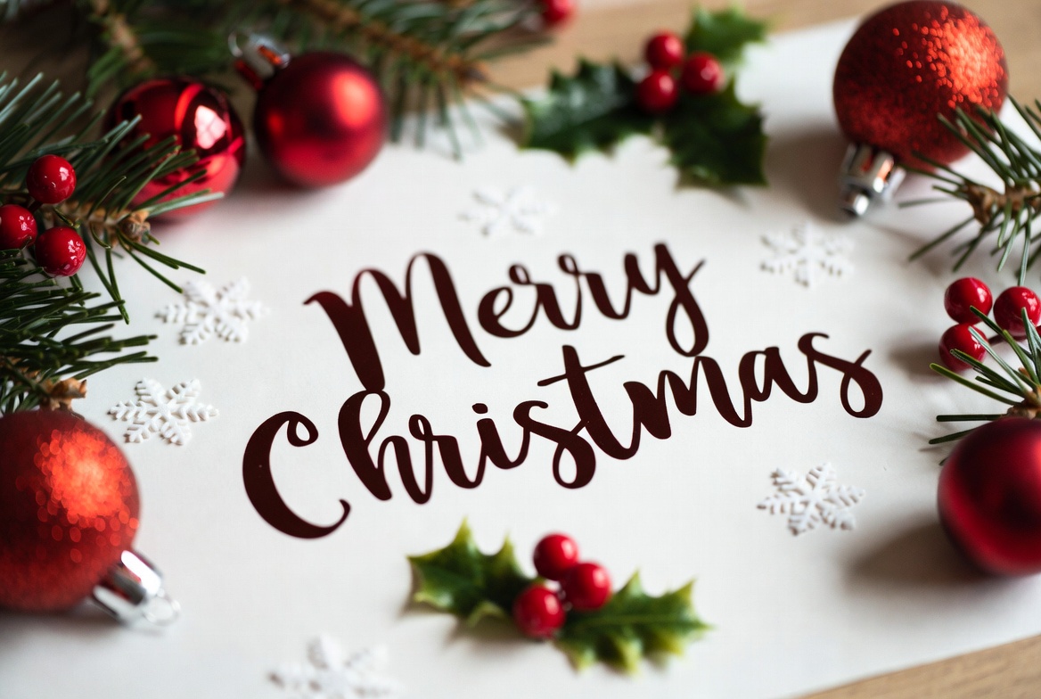 Merry Christmas with ornaments and holly Merry Christmas with ornaments and holly