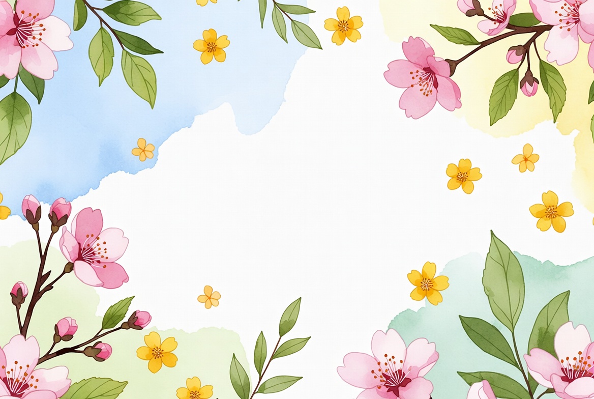 Watercolor Pink Cherry Blossoms and Yellow Flowers Watercolor Pink Cherry Blossoms and Yellow Flowers