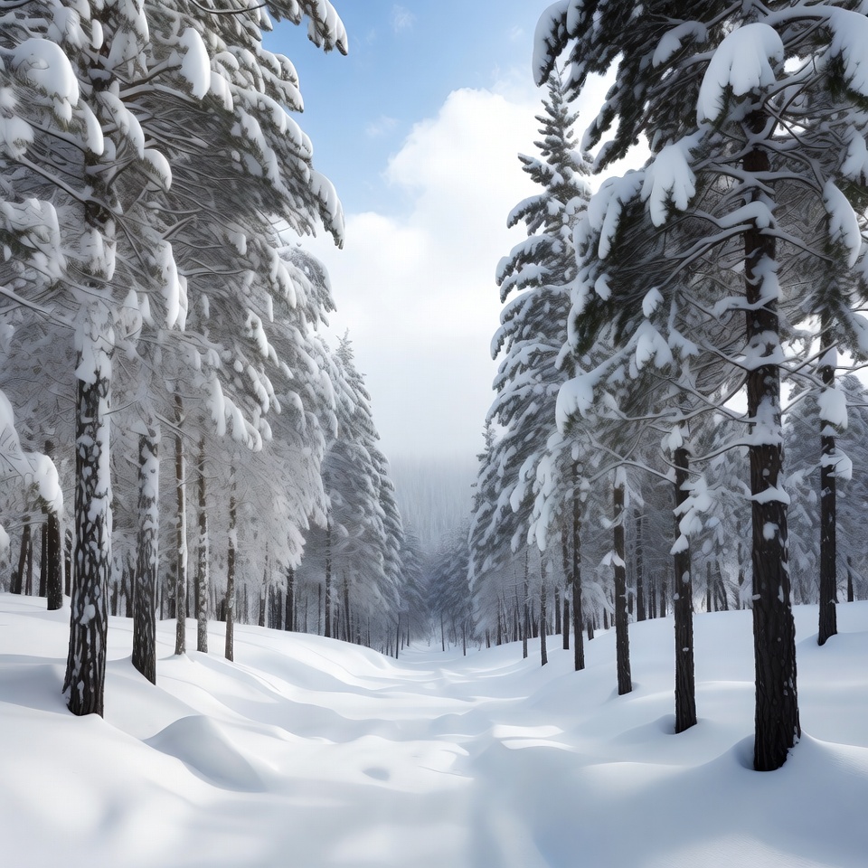 Snowy Path Through Pine Forest Snowy Path Through Pine Forest