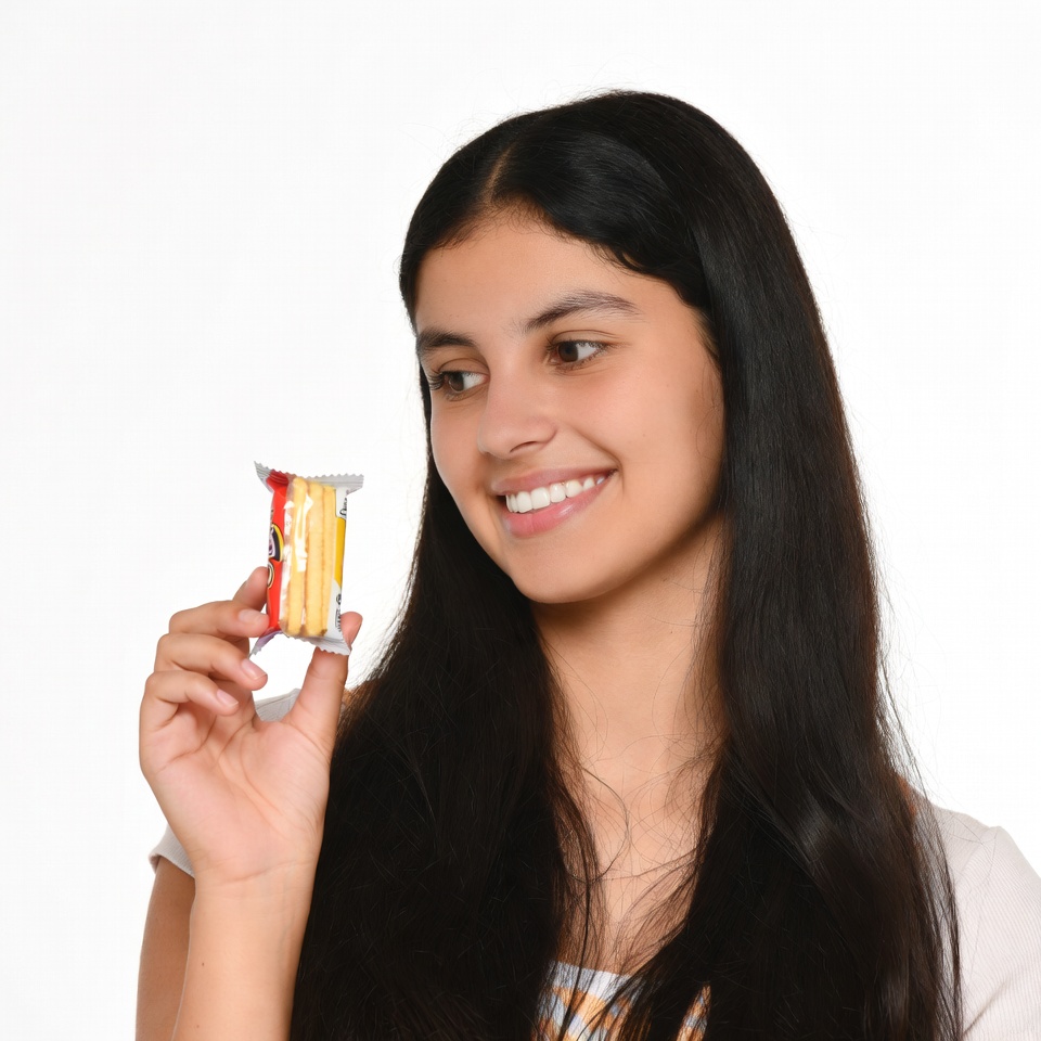 Young woman holding candy bar Young woman holding candy bar