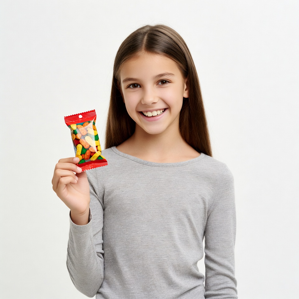 Girl holding colorful candy bag Girl holding colorful candy bag