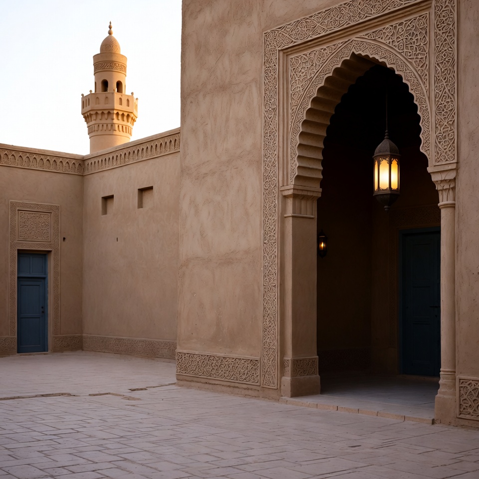 Traditional Arabic Minaret and Arched Courtyard Traditional Arabic Minaret and Arched Courtyard