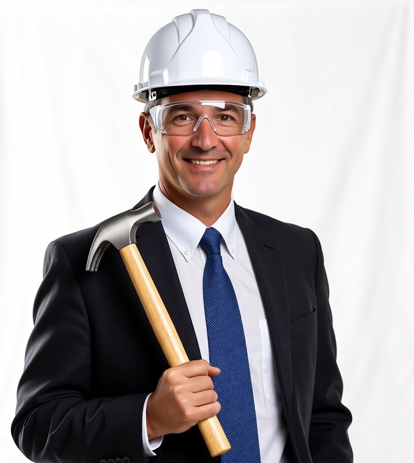Man in suit holding hammer with hard hat Man in suit holding hammer with hard hat