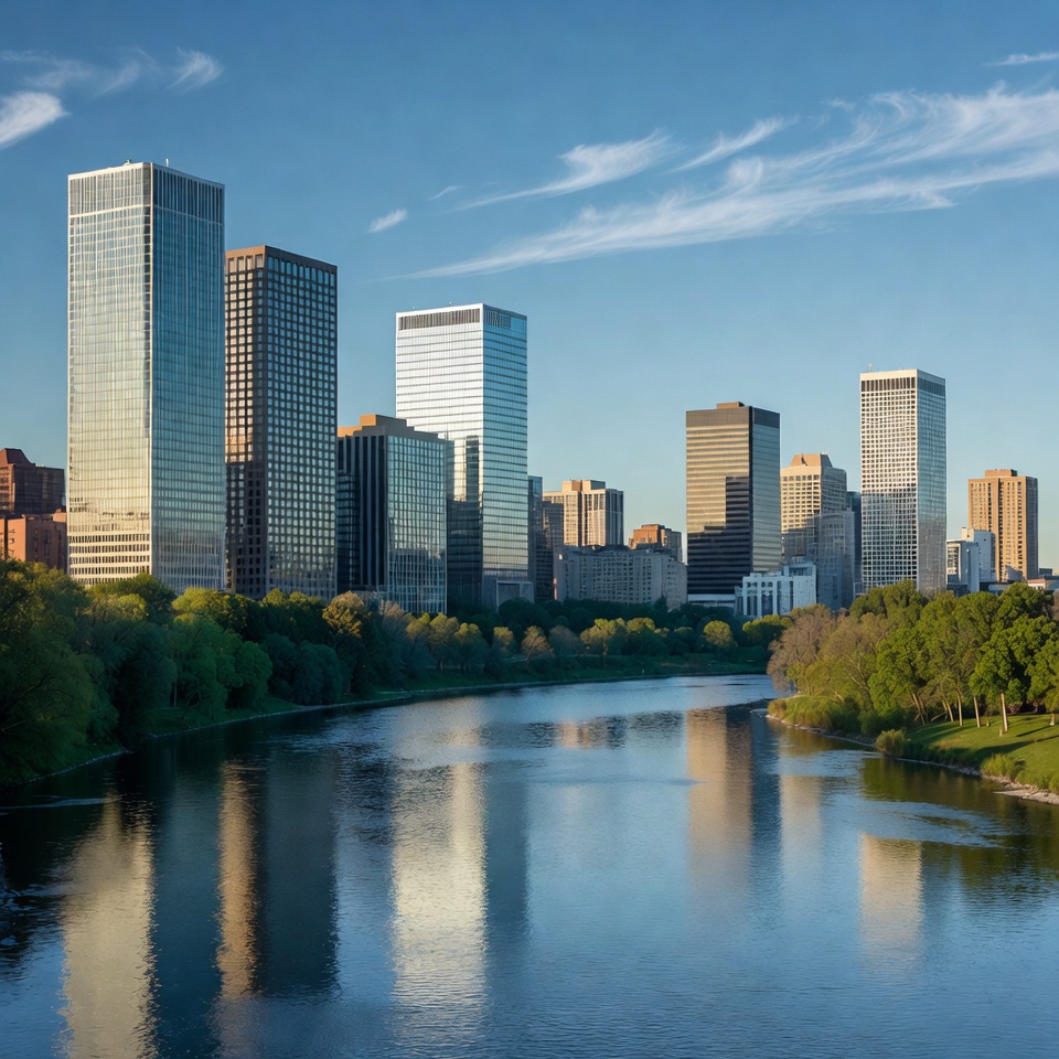 City skyline reflecting in river City skyline reflecting in river