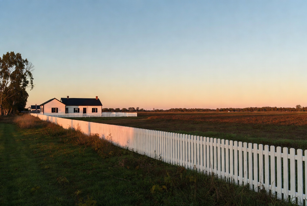 White farmhouse by picket fence at sunset White farmhouse by picket fence at sunset