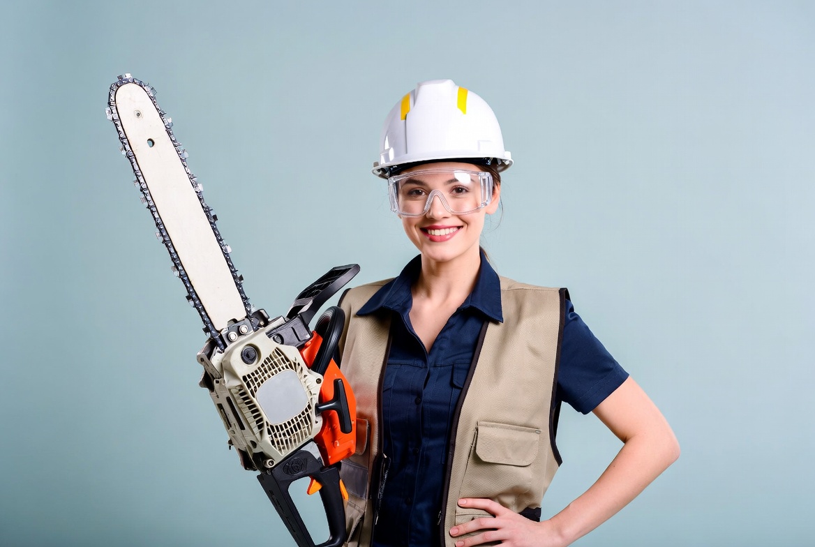 Woman holding chainsaw with helmet Woman holding chainsaw with helmet