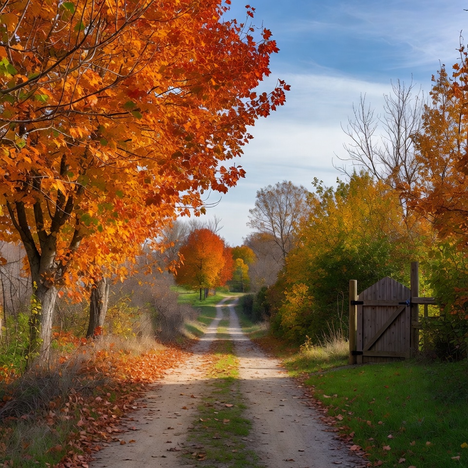 Autumn Path with Orange Trees and Gate Autumn Path with Orange Trees and Gate