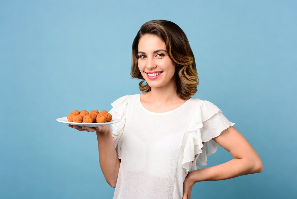 Woman holding fried food platter Woman holding fried food platter