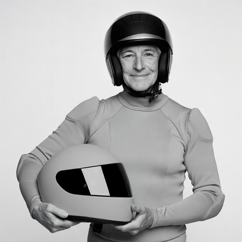 Elderly woman holding motorcycle helmet Elderly woman holding motorcycle helmet