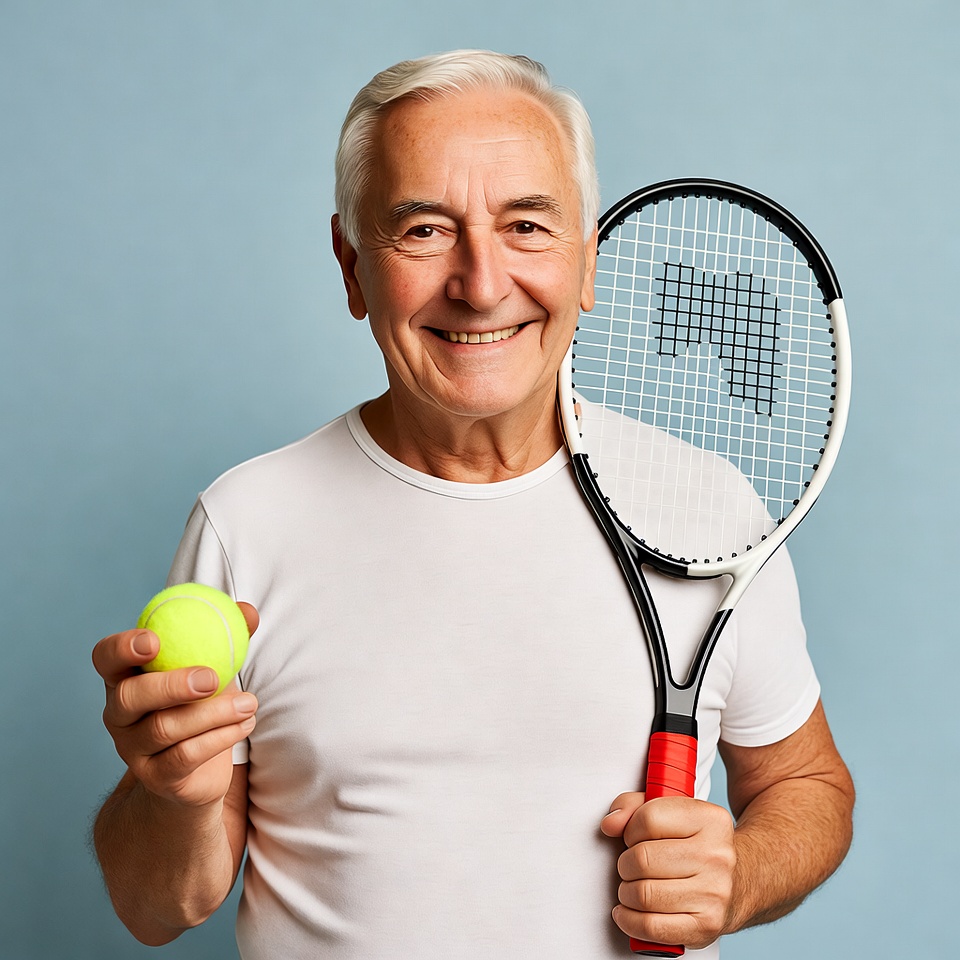 Senior man holding tennis racket and ball Senior man holding tennis racket and ball