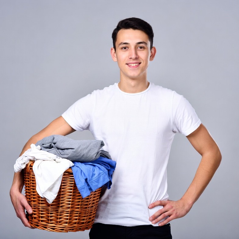 Young man holding laundry basket Young man holding laundry basket