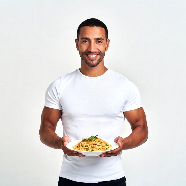 Muscular man holding spaghetti plate Muscular man holding spaghetti plate