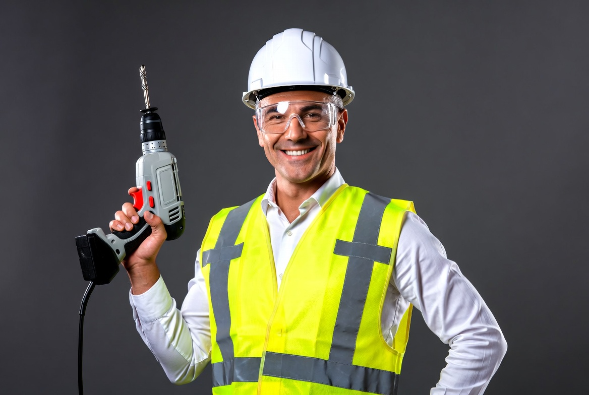 Man holding drill in safety gear Man holding drill in safety gear