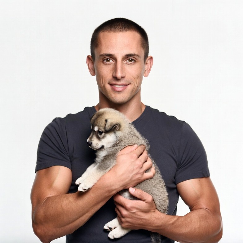 Man holding husky puppy Man holding husky puppy