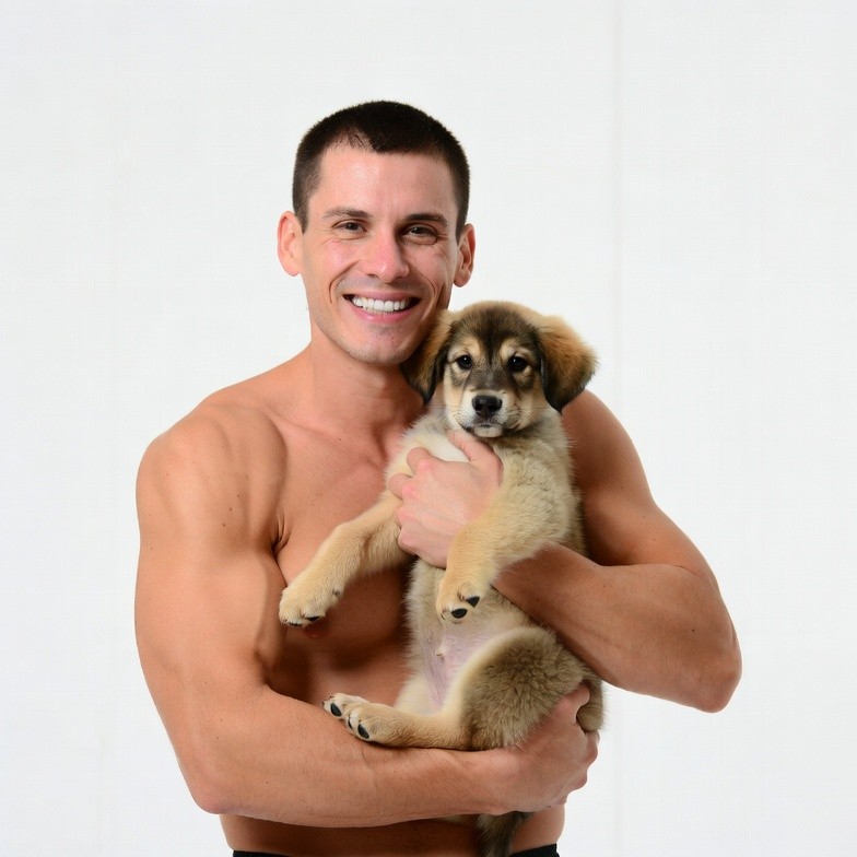 Muscular man holding puppy Muscular man holding puppy