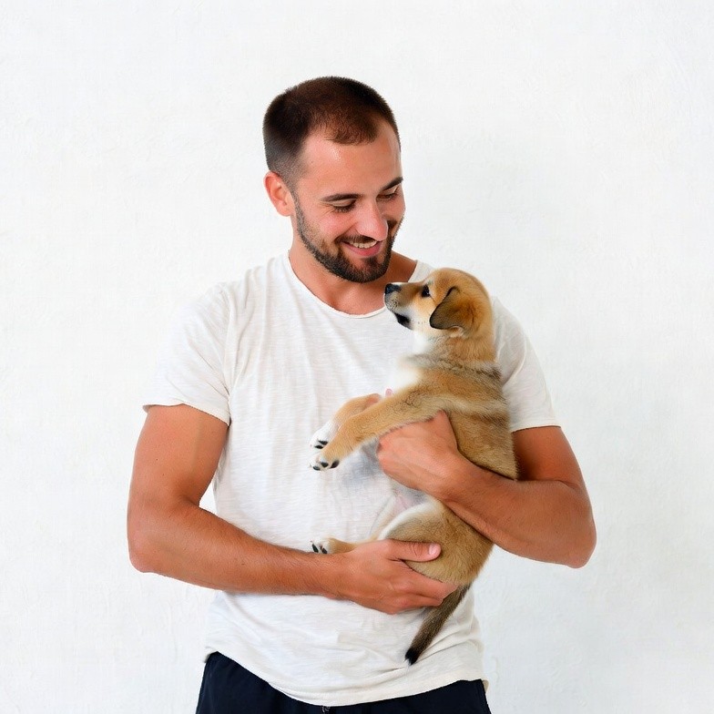 Man holding cute puppy Man holding cute puppy