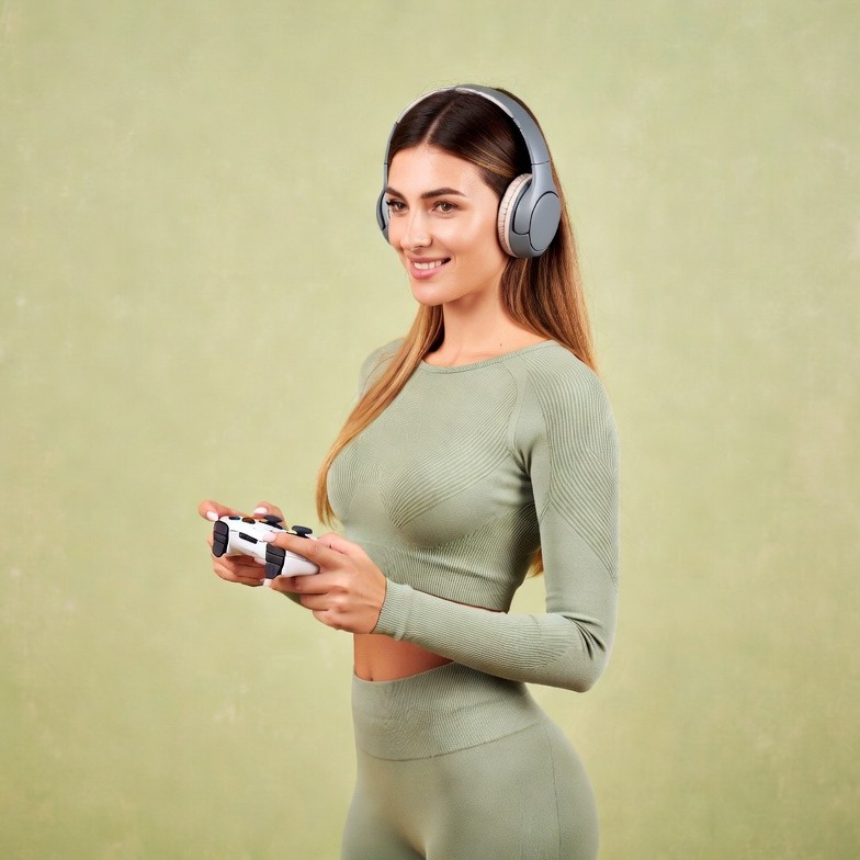 Woman gaming with headphones and controller Woman gaming with headphones and controller