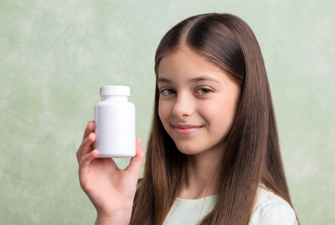Girl holding white pill bottle Girl holding white pill bottle