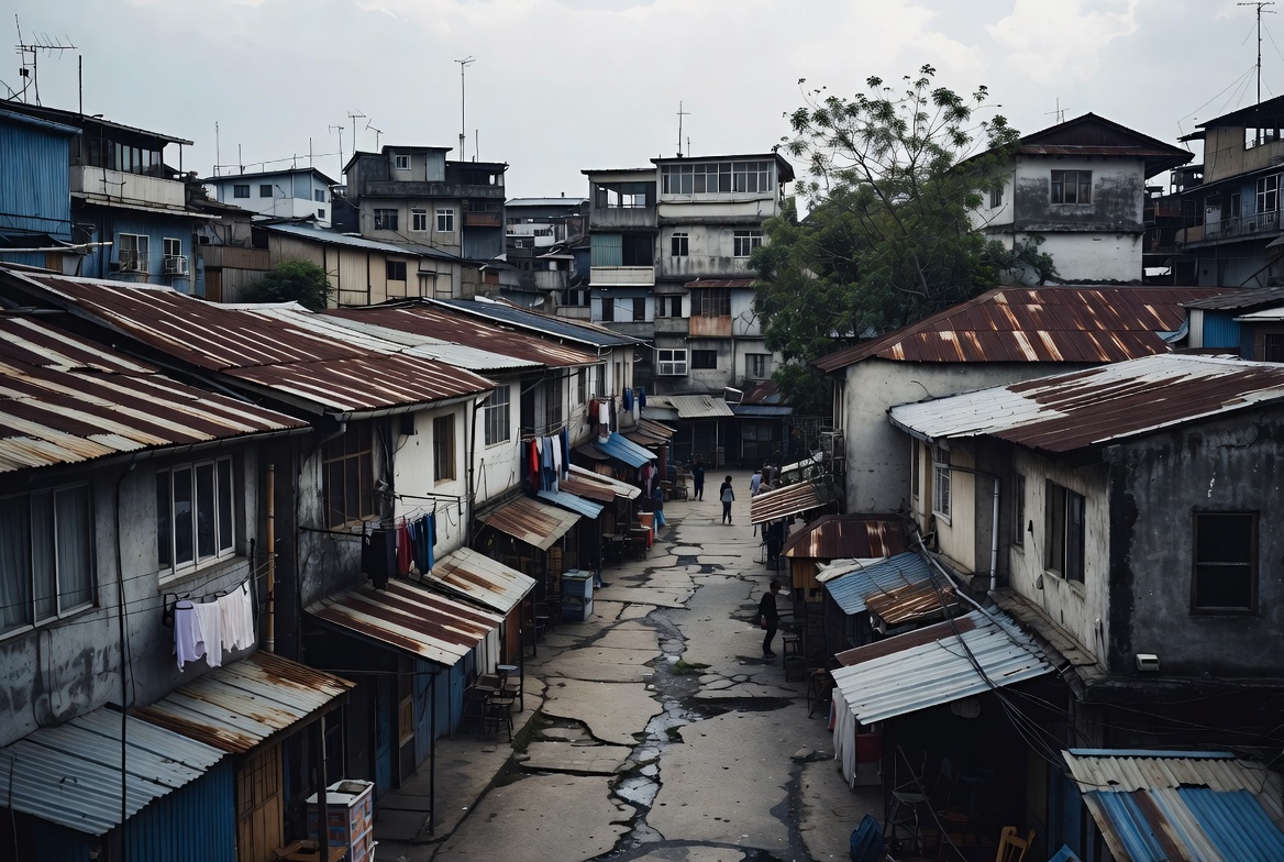 Narrow Slum Alley with Rusty Roofs Narrow Slum Alley with Rusty Roofs