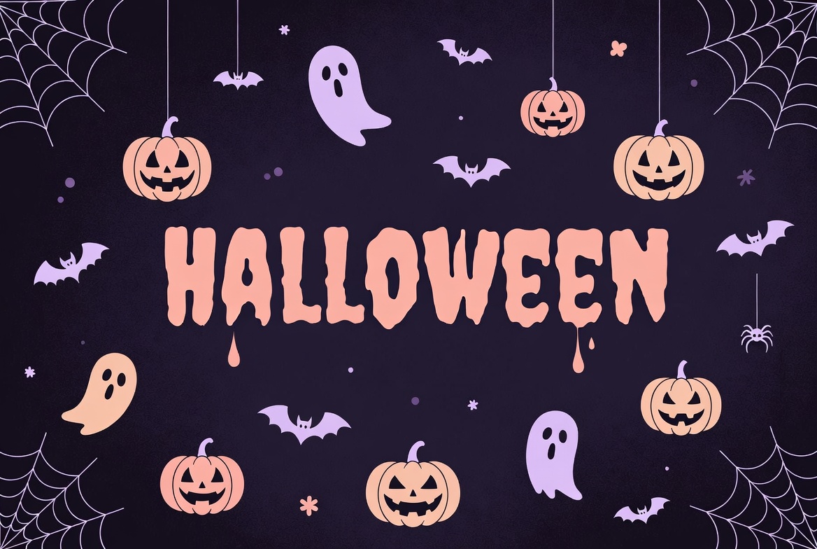 Halloween Illustration with Pumpkins and Ghosts Halloween Illustration with Pumpkins and Ghosts