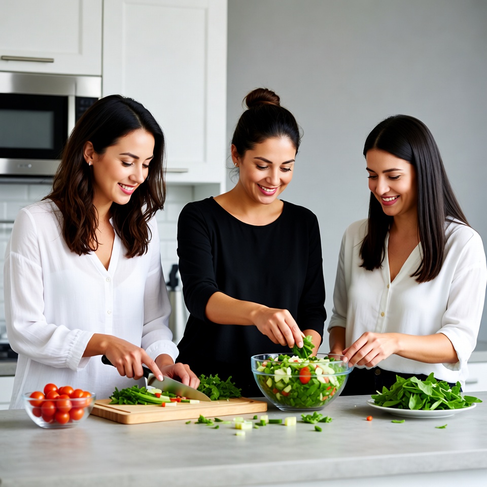 Three women preparing salad in kitchen Three women preparing salad in kitchen