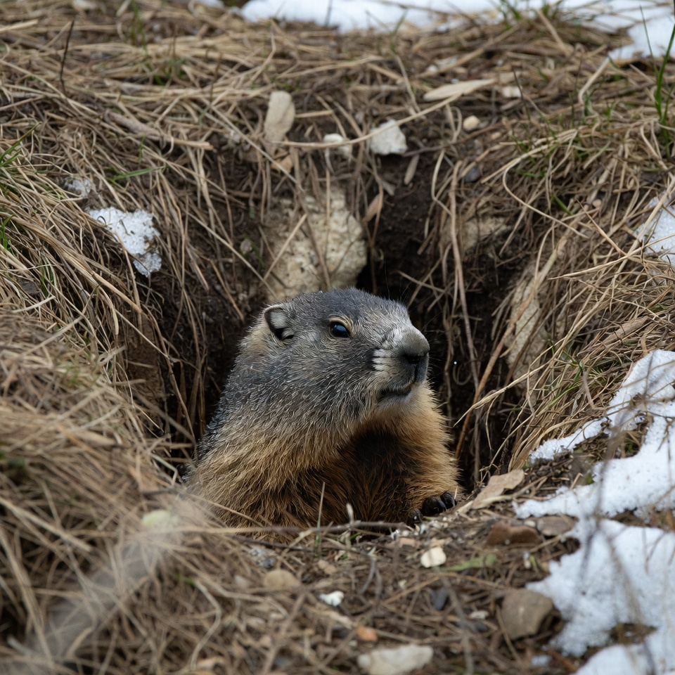 Groundhog emerging from burrow Groundhog emerging from burrow