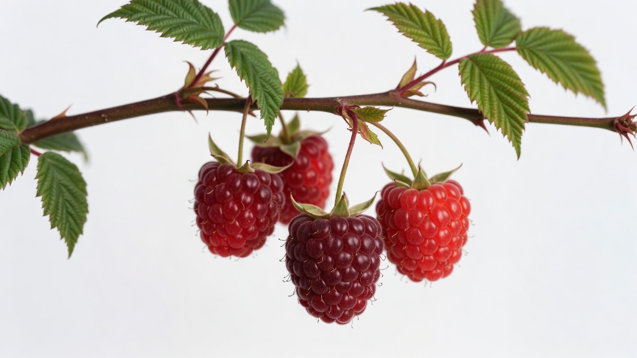 Ripe Raspberries on Green Branch Ripe Raspberries on Green Branch