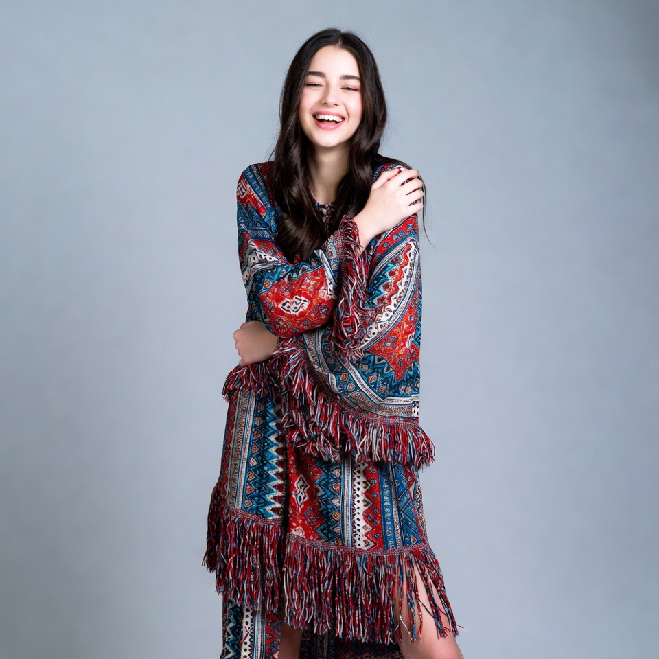Smiling woman in colorful fringed poncho Smiling woman in colorful fringed poncho
