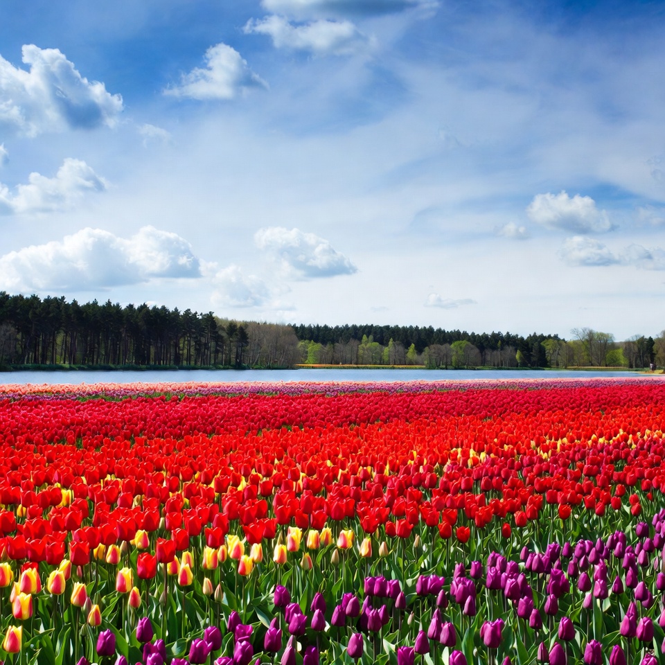 Colorful Tulip Fields Under Blue Sky Colorful Tulip Fields Under Blue Sky