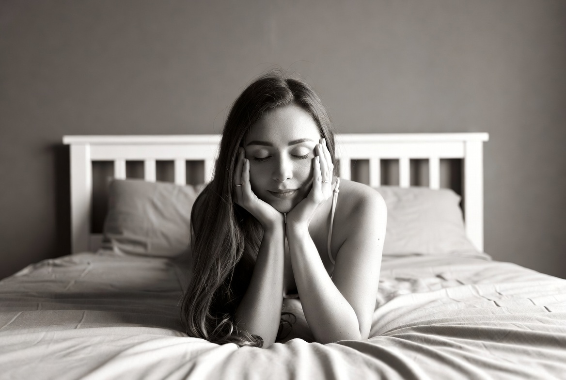 Woman resting chin on hands in bed Woman resting chin on hands in bed
