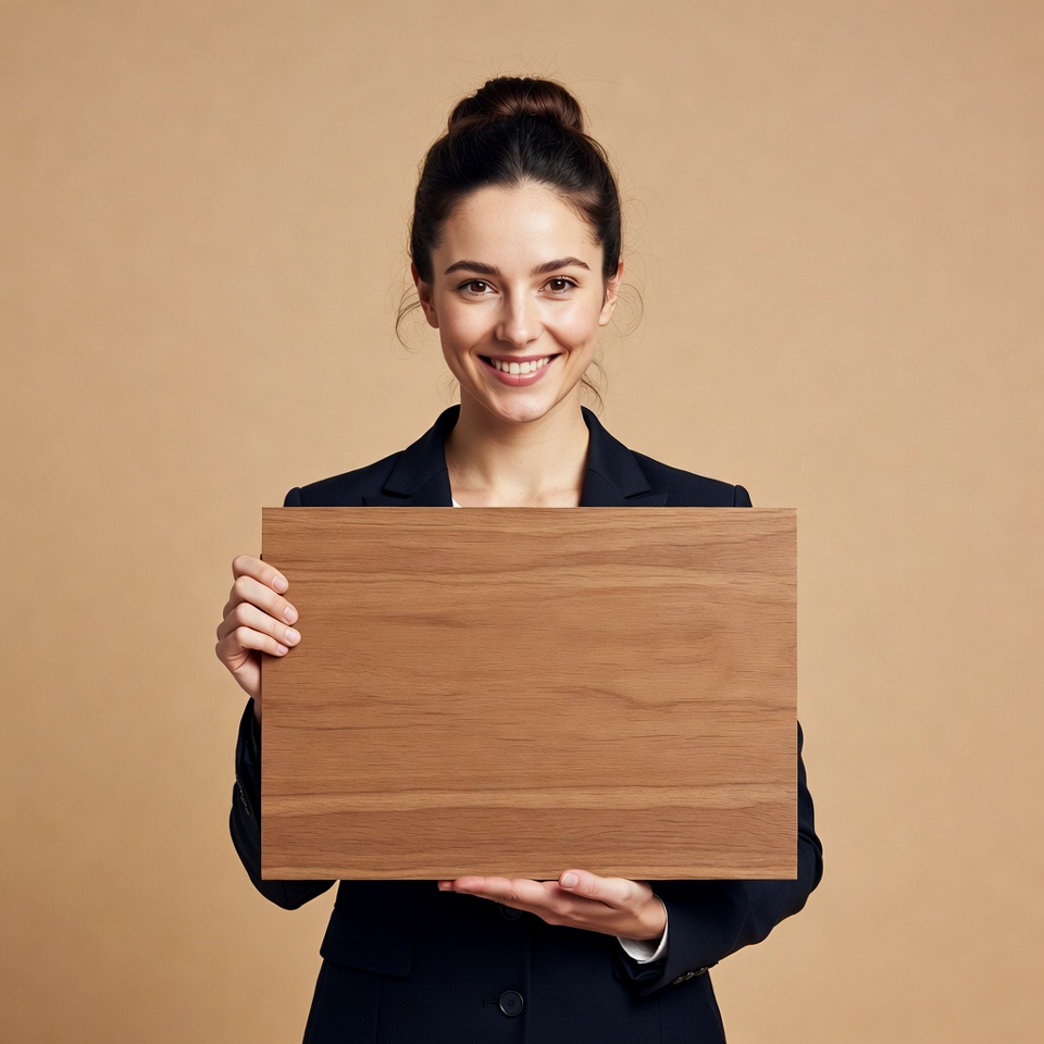 Smiling woman holding blank wooden sign Smiling woman holding blank wooden sign