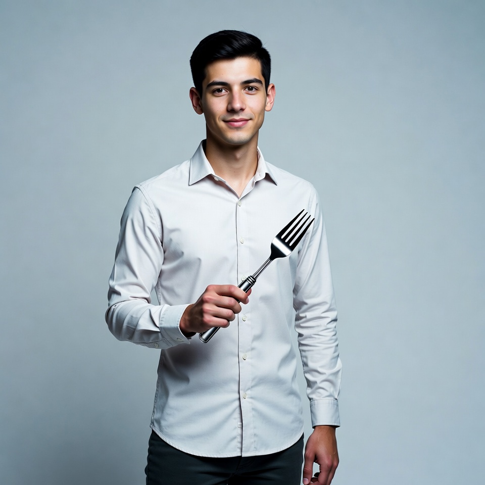 Young man holding fork Young man holding fork