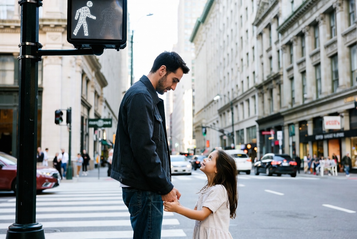 Father holding daughter's hand at crosswalk Father holding daughter's hand at crosswalk