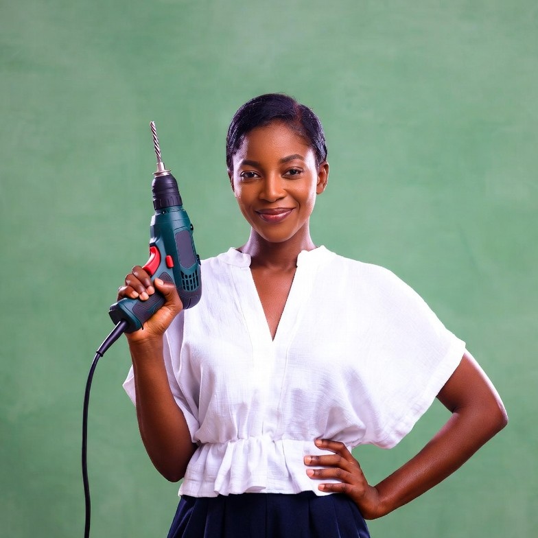African-American woman holding drill African-American woman holding drill