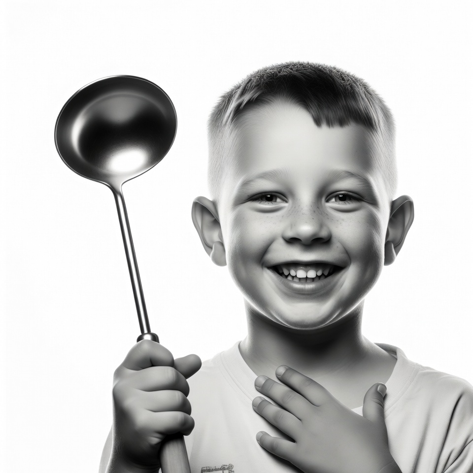 Boy holding ladle smiling Boy holding ladle smiling