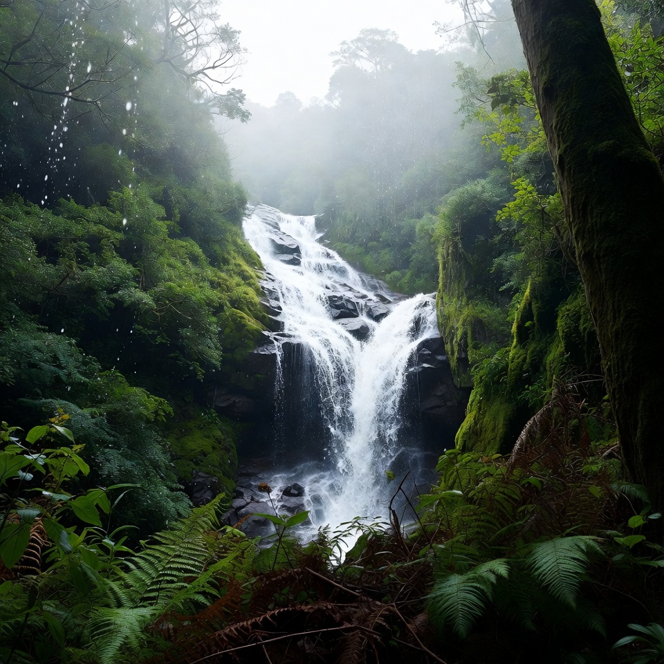 Waterfall in misty rainforest Waterfall in misty rainforest