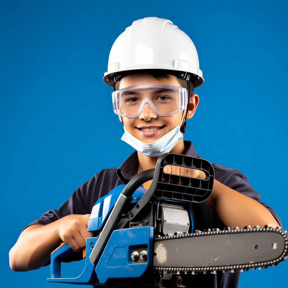Boy holding chainsaw with helmet Boy holding chainsaw with helmet
