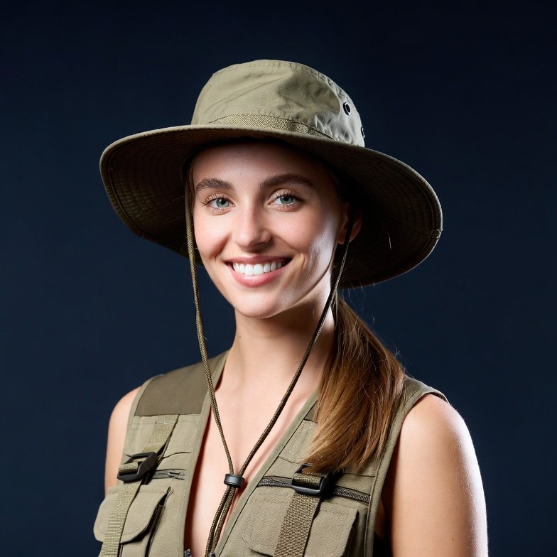 Woman smiling in khaki hat vest Woman smiling in khaki hat vest