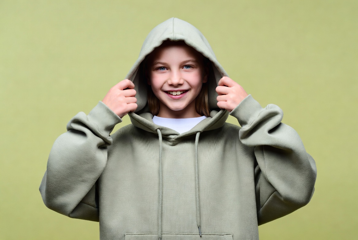 Girl smiling in green hoodie Girl smiling in green hoodie