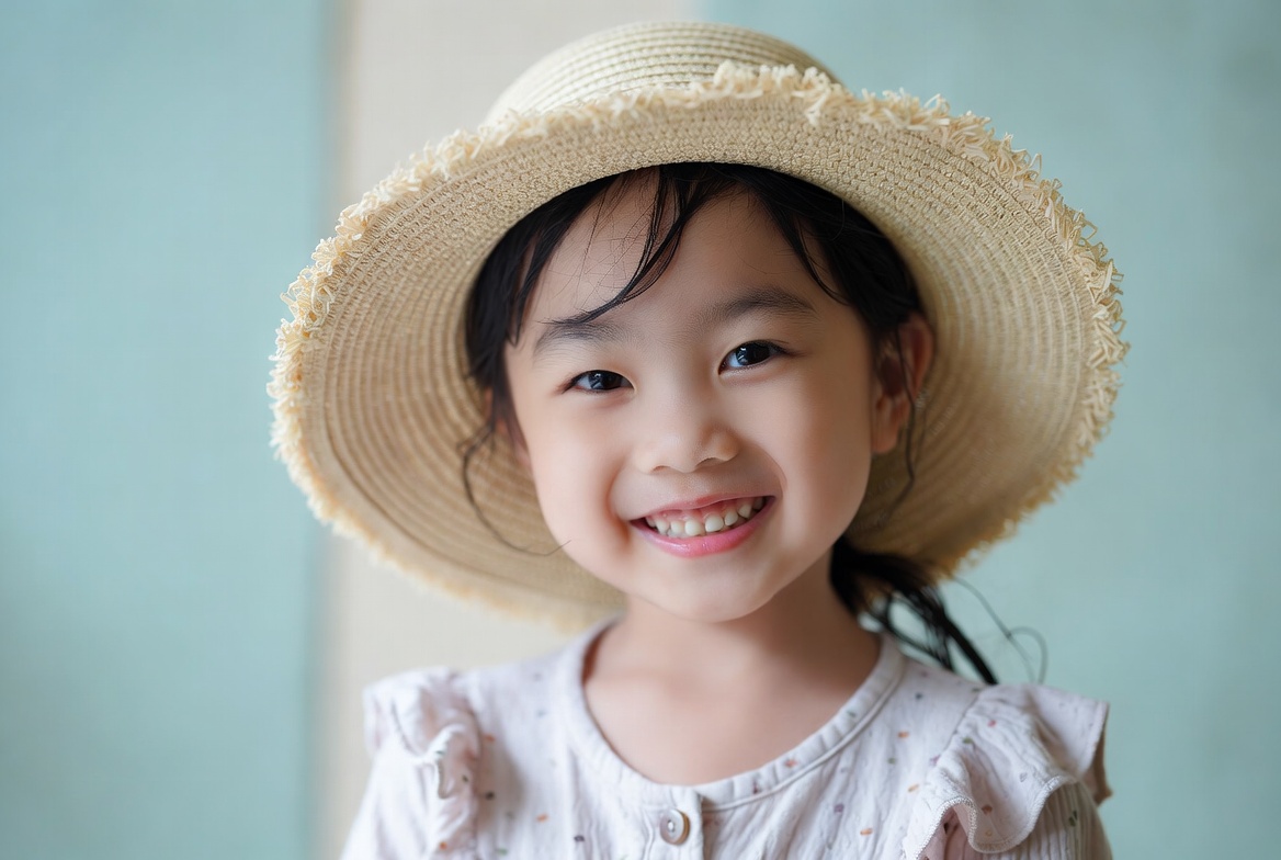Asian girl smiling in straw hat Asian girl smiling in straw hat