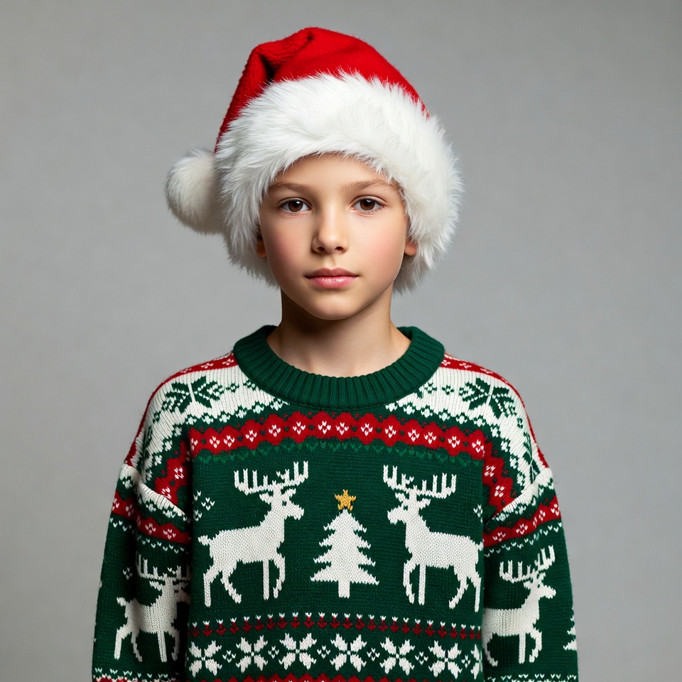 Boy in Santa hat and Christmas sweater Boy in Santa hat and Christmas sweater