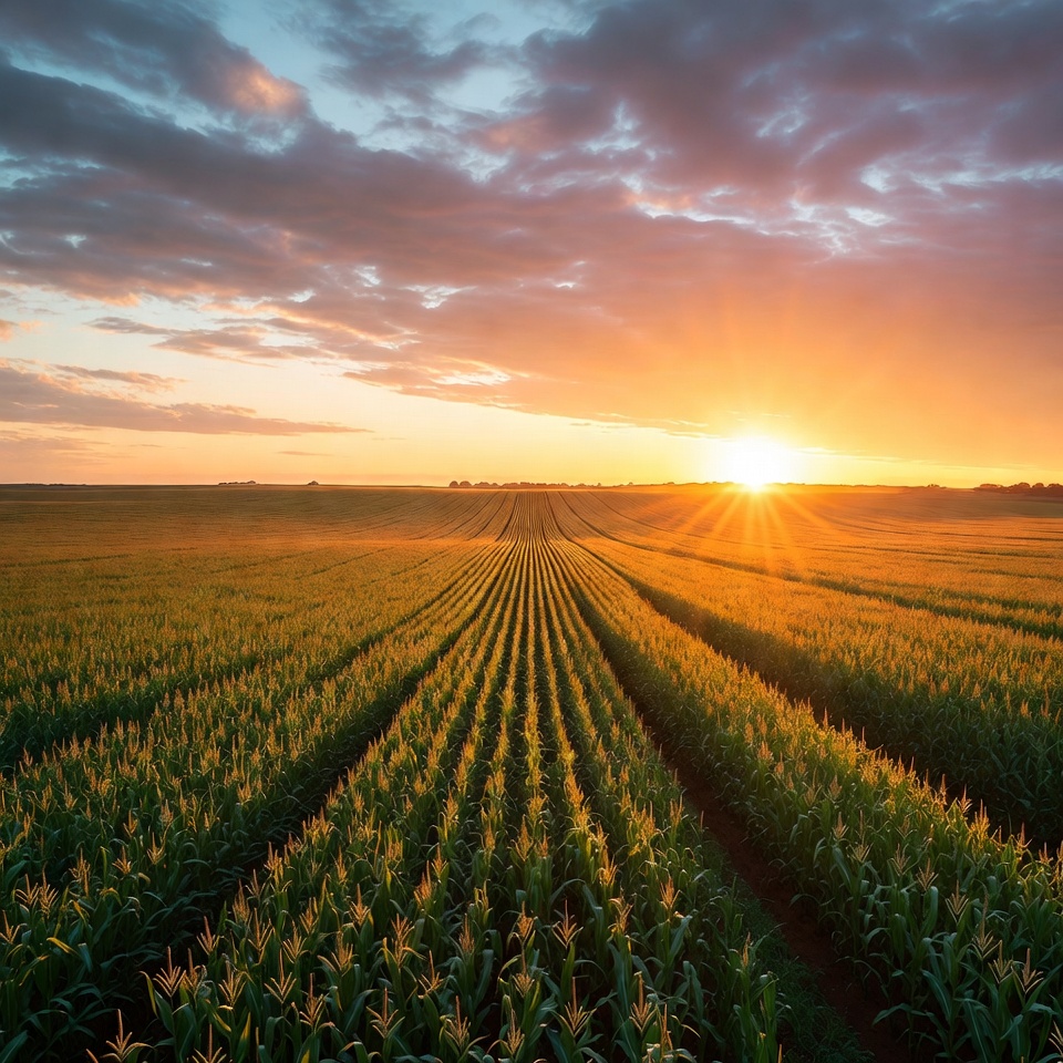 Sunset over Corn Field Rows Sunset over Corn Field Rows