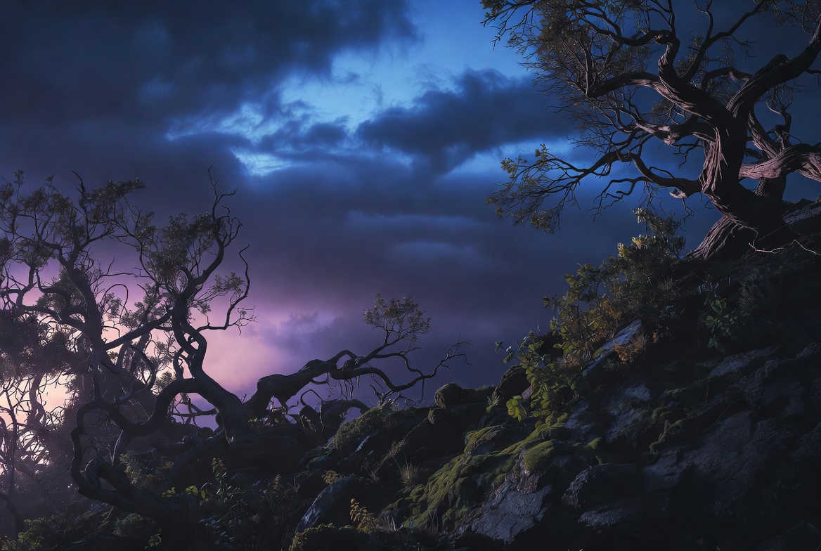 Twisted trees under stormy night sky Twisted trees under stormy night sky