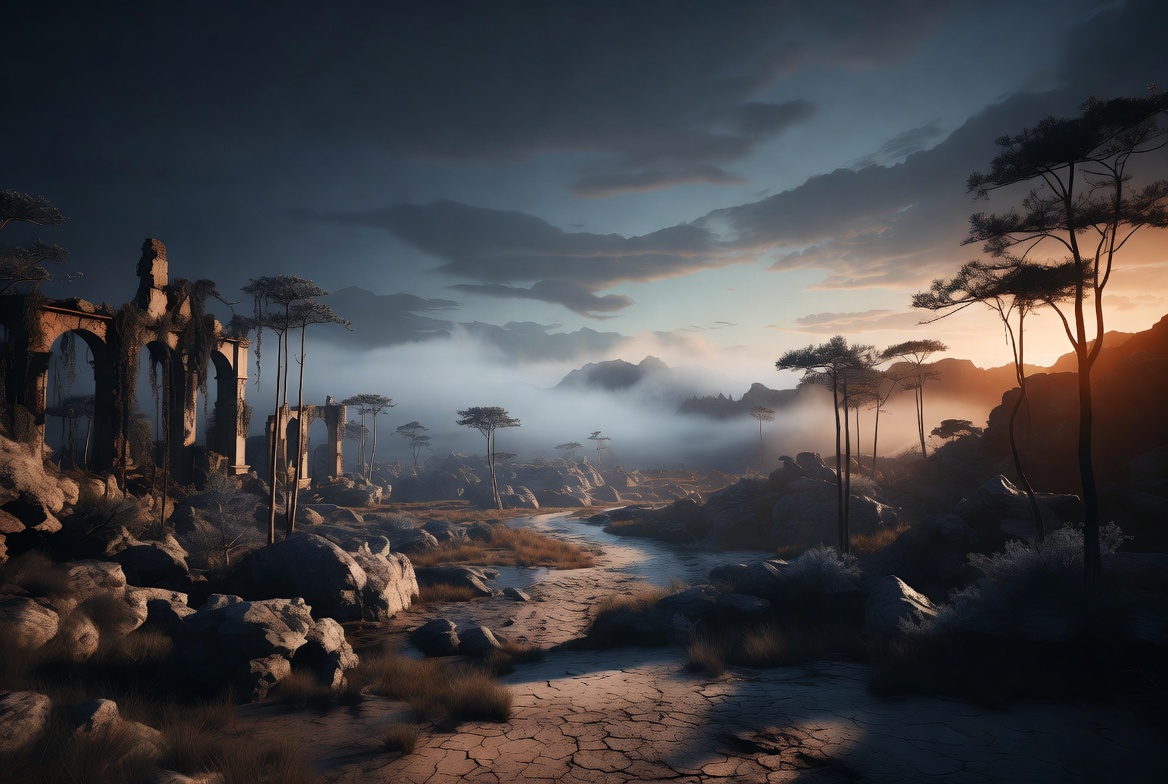 Ancient Ruins in Misty Mountain Landscape Ancient Ruins in Misty Mountain Landscape