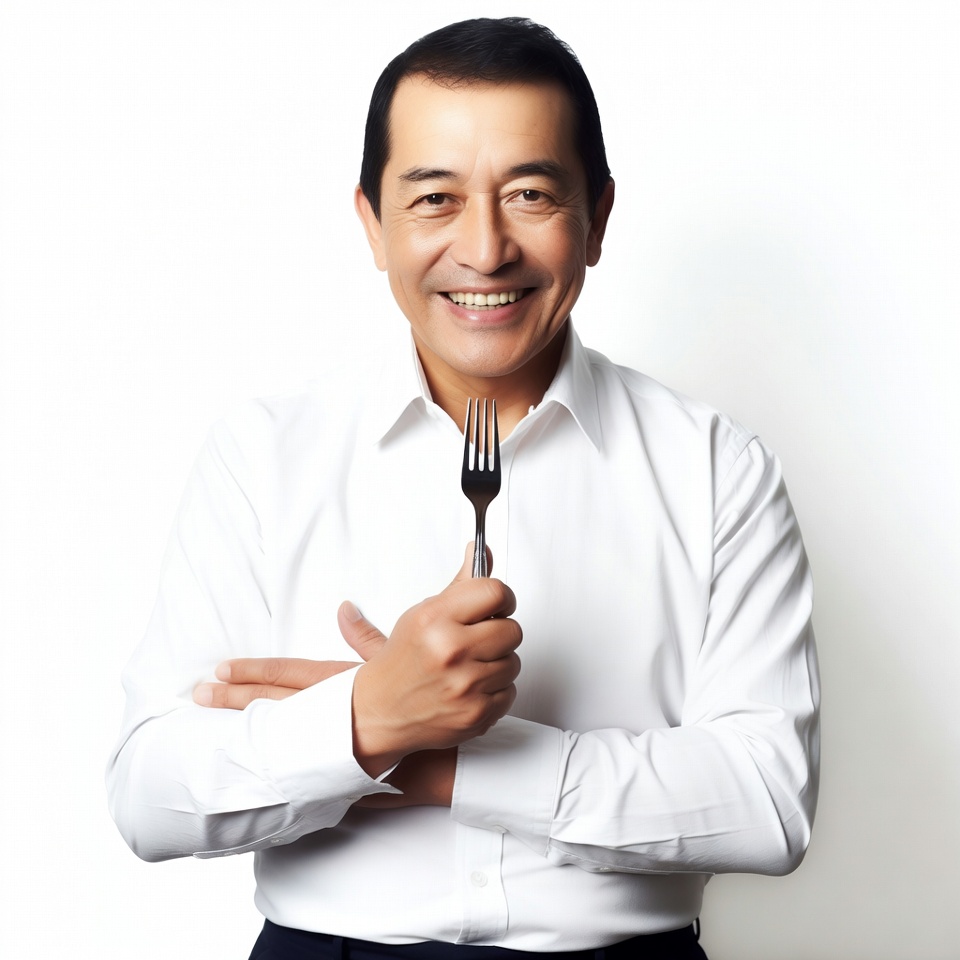 Man holding fork with arms crossed Man holding fork with arms crossed