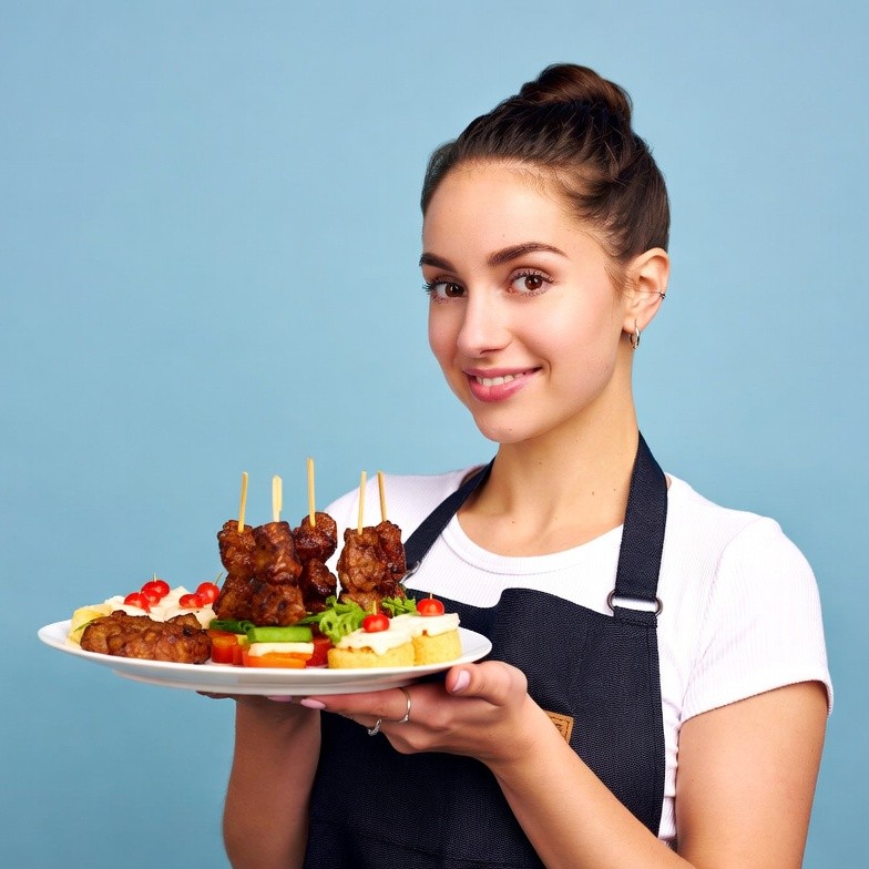 Woman holding platter of appetizers Woman holding platter of appetizers