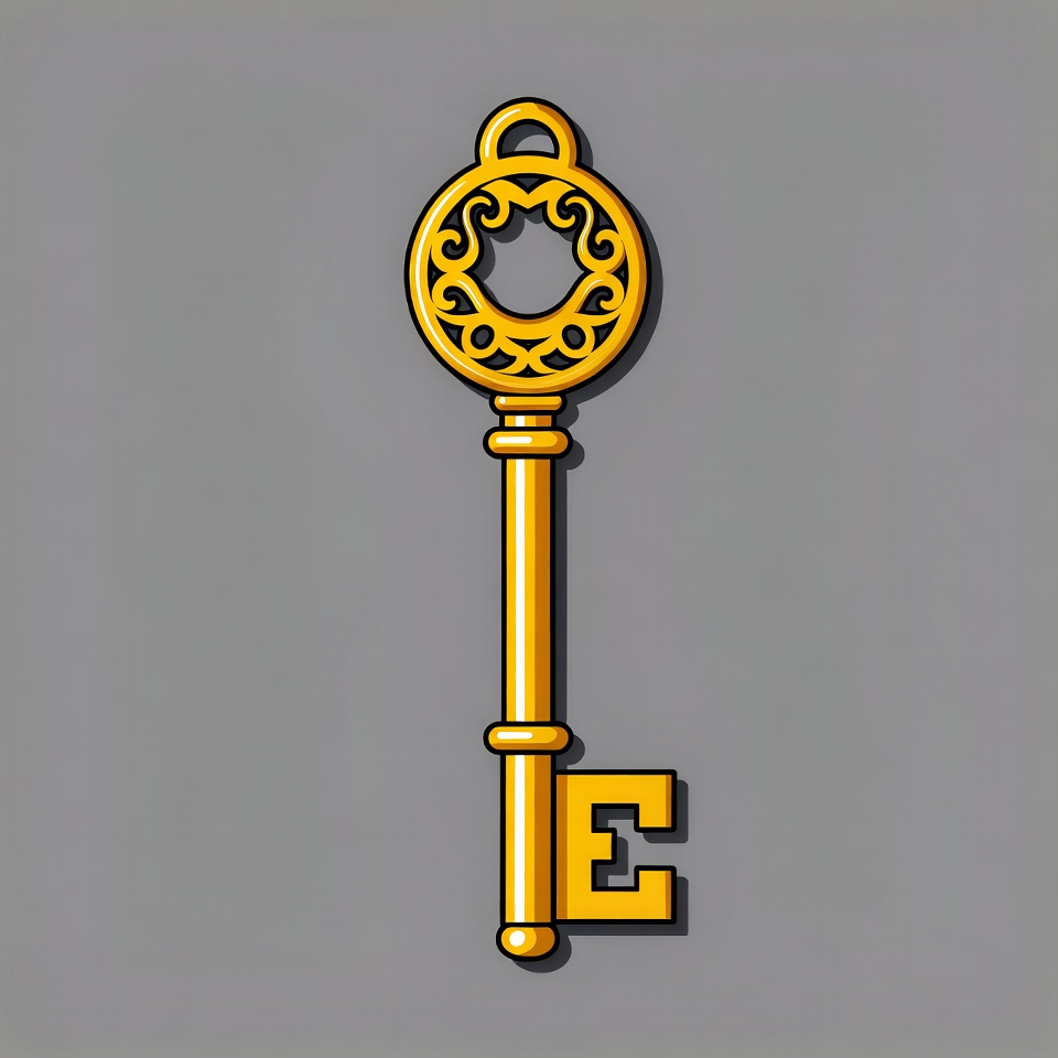 Golden Ornate Key with Letter E Golden Ornate Key with Letter E