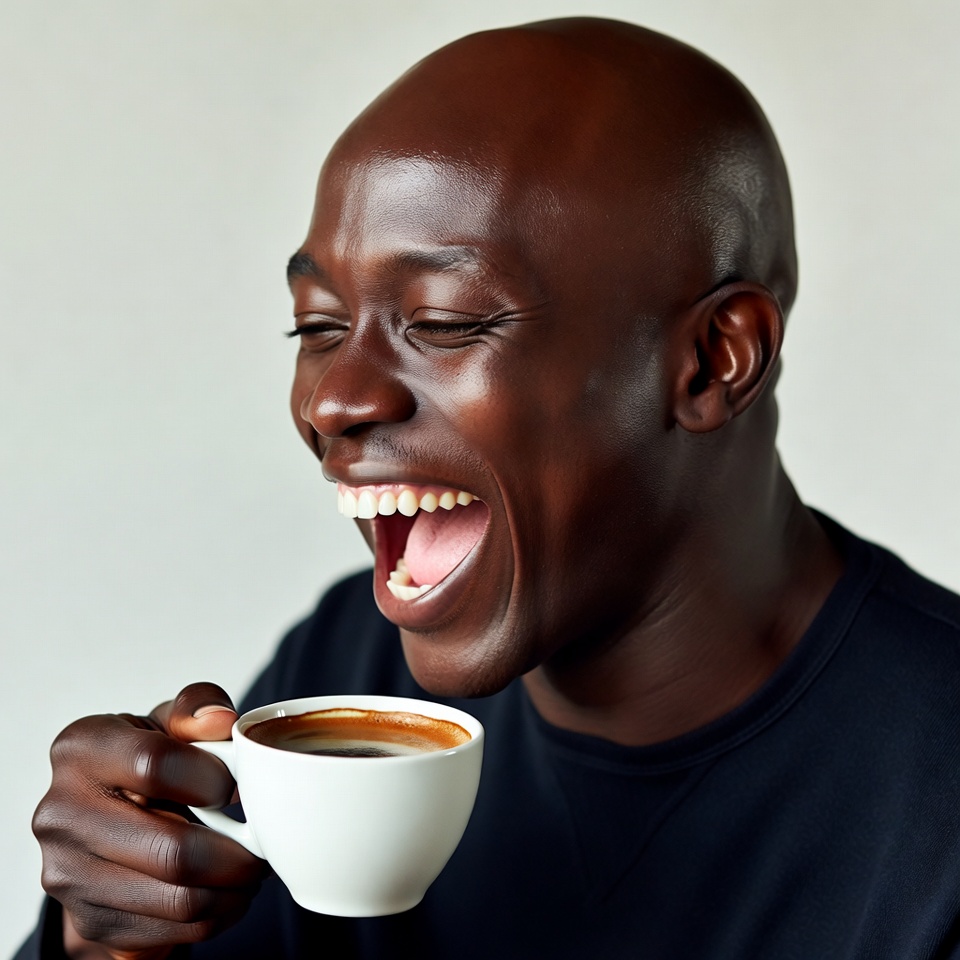 African-American man laughing with coffee African-American man laughing with coffee